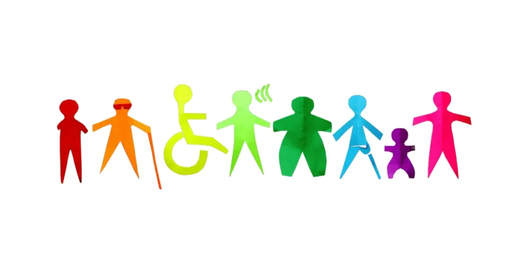 Ikony ludzie przedstawiające różne typy. Osoby niepełnosprawne, osoby pełnosprawne i osoby różnorodne.